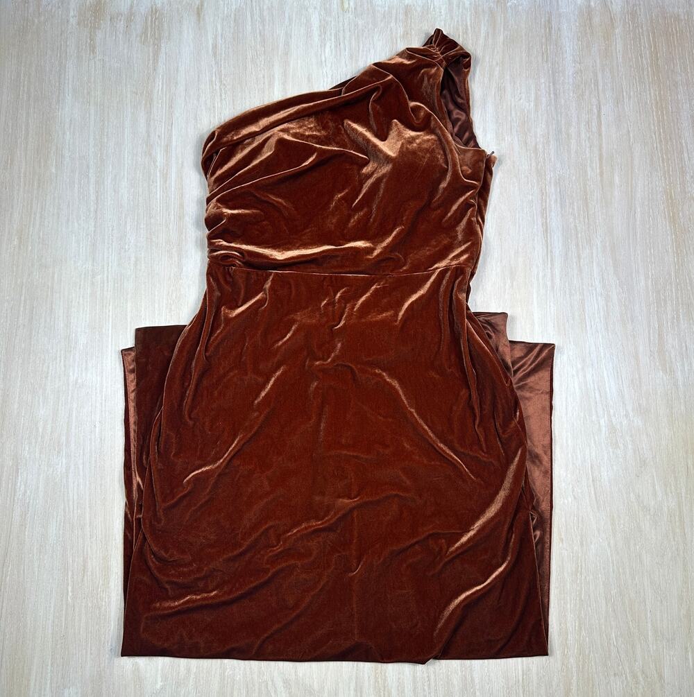 Revelry Rust Brown Velvet One Shoulder Elegant Glam Maxi Formal Gown Dress 18